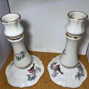 LENOX SERENADE CANDLE STICKS 7" TALL WHITE  WITH GOLD TRIM AN